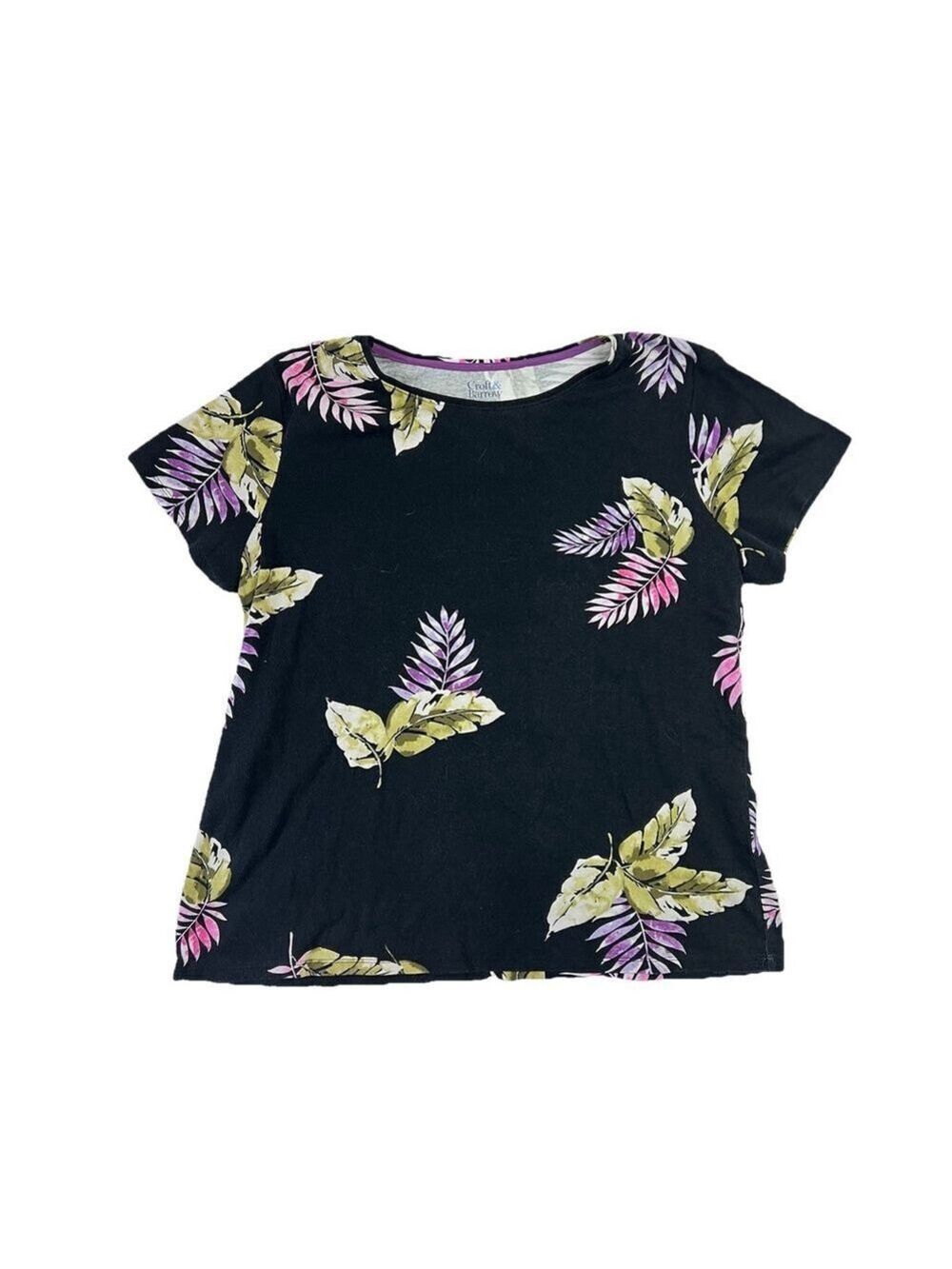 Croft & Barrow Women Floral Short Sleeve Boat Neck T-Shirt Black Red Sz Large